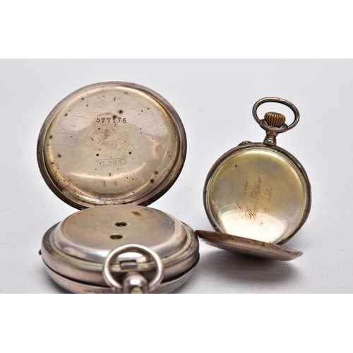 48 - TWO OPEN FACED POCKET WATCHES, the first with a round  white dial, Roman numerals, seconds subsidiar... 