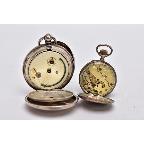 48 - TWO OPEN FACED POCKET WATCHES, the first with a round  white dial, Roman numerals, seconds subsidiar... 