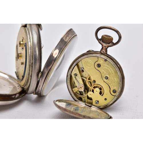 48 - TWO OPEN FACED POCKET WATCHES, the first with a round  white dial, Roman numerals, seconds subsidiar... 