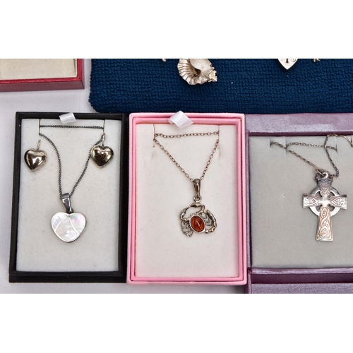 56 - A BOX OF ASSORTED SILVER AND WHITE METAL JEWELLERY, to include a silver charm bracelet suspending fo... 