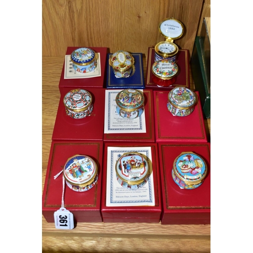 361 - SEVEN BOXED HALCYON DAYS CHRISTMAS ENAMEL BOXES, 1993, 1994 with certificate, 1995, 1996, 1997 with ... 