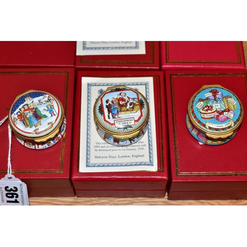 361 - SEVEN BOXED HALCYON DAYS CHRISTMAS ENAMEL BOXES, 1993, 1994 with certificate, 1995, 1996, 1997 with ... 