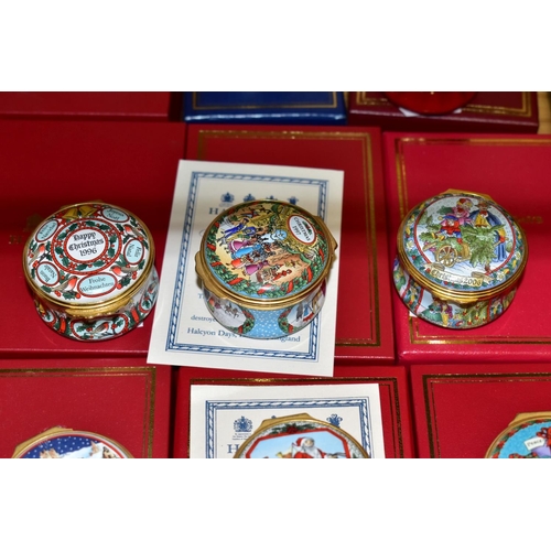 361 - SEVEN BOXED HALCYON DAYS CHRISTMAS ENAMEL BOXES, 1993, 1994 with certificate, 1995, 1996, 1997 with ... 