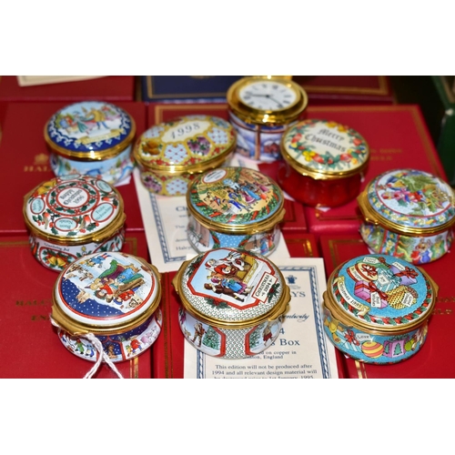 361 - SEVEN BOXED HALCYON DAYS CHRISTMAS ENAMEL BOXES, 1993, 1994 with certificate, 1995, 1996, 1997 with ... 