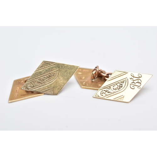 101 - A PAIR OF 9CT GOLD CUFFLINKS, of a lozenge shape, engraved floral design with initials 'BSC', hallma... 