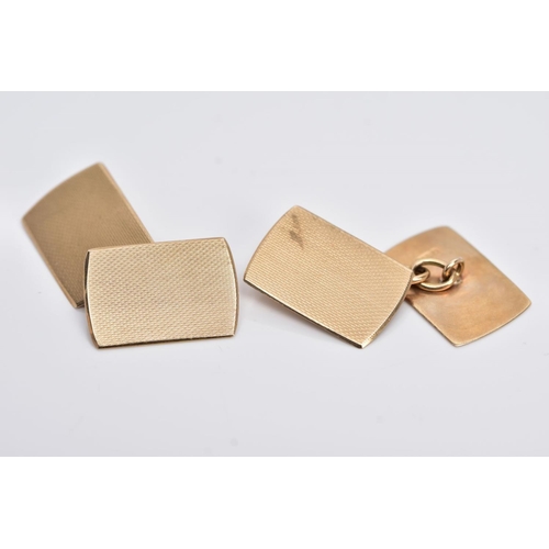 102 - A PAIR OF 9CT GOLD CUFFLINKS, each of a rounded rectangular shape, engine turn design, hallmarked 9c... 