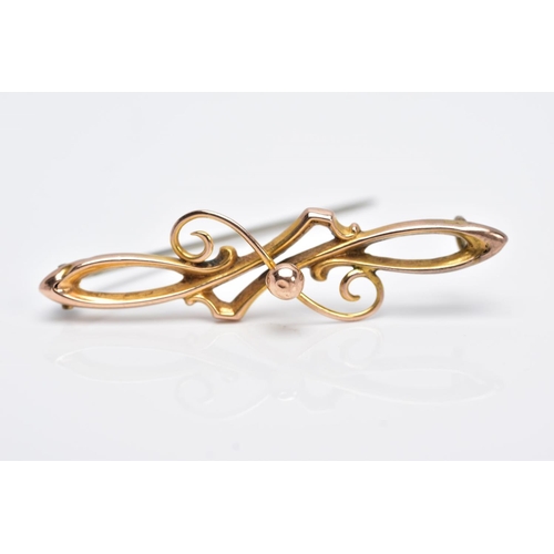 103 - A 9CT GOLD OPENWORK BAR BROOCH, of a scrolled and bead design, hallmarked 9ct gold Chester 1911, als... 
