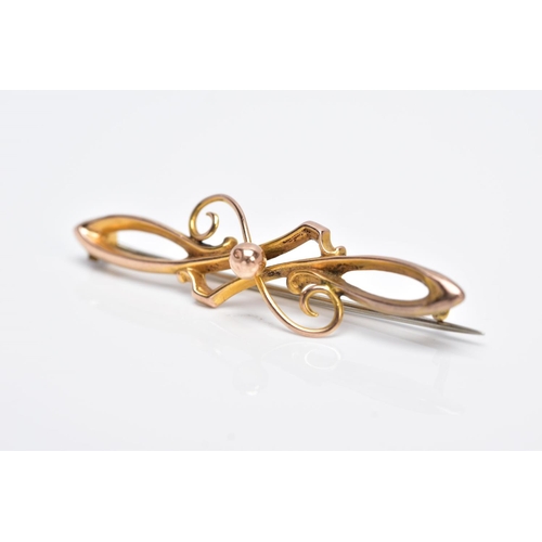 103 - A 9CT GOLD OPENWORK BAR BROOCH, of a scrolled and bead design, hallmarked 9ct gold Chester 1911, als... 