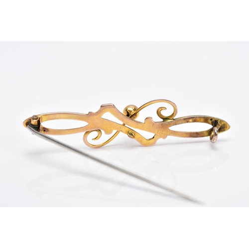 103 - A 9CT GOLD OPENWORK BAR BROOCH, of a scrolled and bead design, hallmarked 9ct gold Chester 1911, als... 