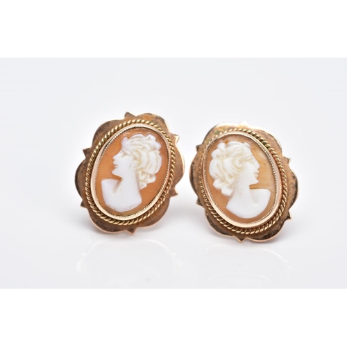 105 - A PAIR OF YELLOW METAL CAMEO NON-PIERCED EARRINGS, each of an oval form, depicting a lady in profile... 