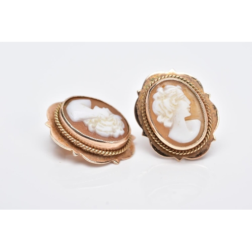 105 - A PAIR OF YELLOW METAL CAMEO NON-PIERCED EARRINGS, each of an oval form, depicting a lady in profile... 