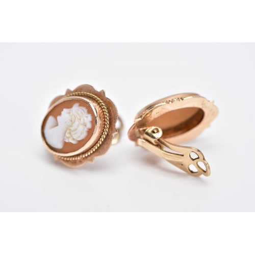 105 - A PAIR OF YELLOW METAL CAMEO NON-PIERCED EARRINGS, each of an oval form, depicting a lady in profile... 