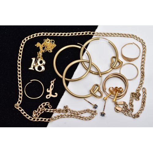 106 - A BAG OF YELLOW METAL JEWELLERY, to include a broken curb link chain fitted with a spring clasp, hal... 
