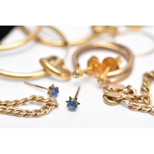 106 - A BAG OF YELLOW METAL JEWELLERY, to include a broken curb link chain fitted with a spring clasp, hal... 