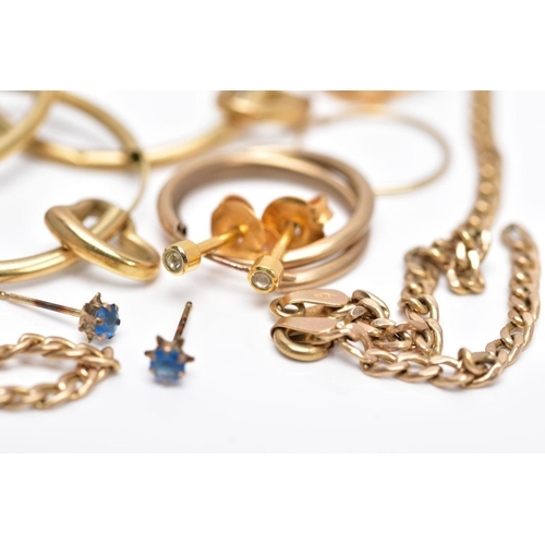 106 - A BAG OF YELLOW METAL JEWELLERY, to include a broken curb link chain fitted with a spring clasp, hal... 
