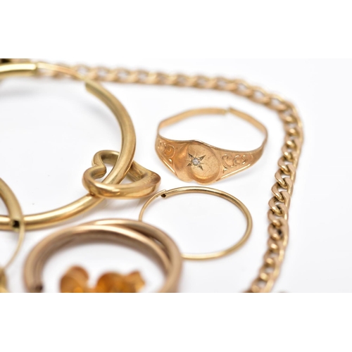 106 - A BAG OF YELLOW METAL JEWELLERY, to include a broken curb link chain fitted with a spring clasp, hal... 