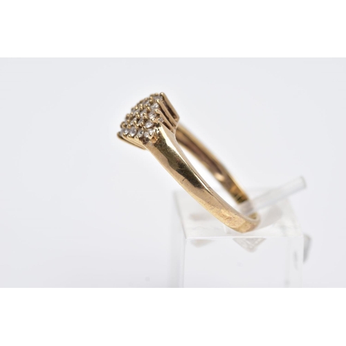 112 - A 9CT GOLD CUBIC ZIRCONIA CLUSTER RING, of a lozenge form, set with circular cut cubic zirconia, pla... 
