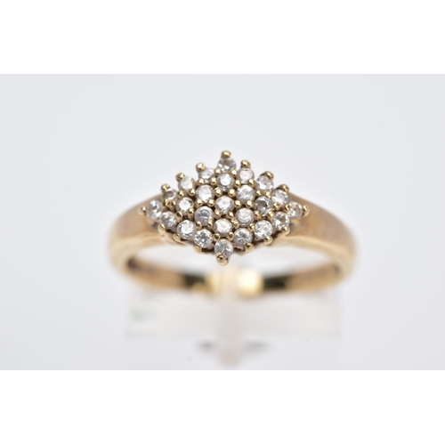 112 - A 9CT GOLD CUBIC ZIRCONIA CLUSTER RING, of a lozenge form, set with circular cut cubic zirconia, pla... 