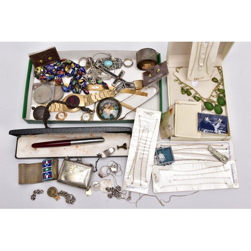 116 - A BOX OF ASSORTED ITEMS, to include a metal sovereign case, a burgundy and silver lidded 'Parker' fo... 