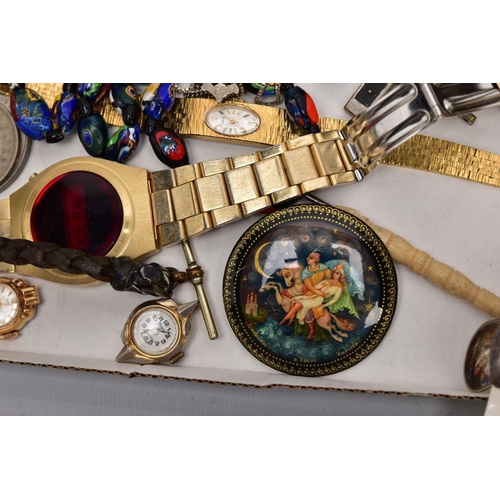 116 - A BOX OF ASSORTED ITEMS, to include a metal sovereign case, a burgundy and silver lidded 'Parker' fo... 