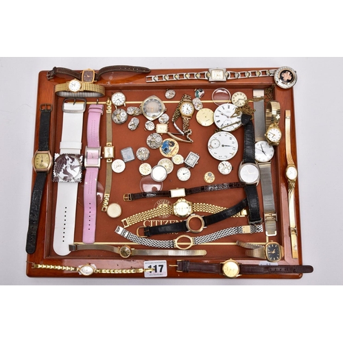 117 - A TRAY OF VARIOUS WRISTWATCHES, MOVEMENTS ANDE PARTS, to include a quantity of ladies and gents wris... 