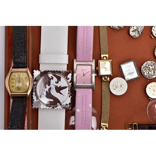 117 - A TRAY OF VARIOUS WRISTWATCHES, MOVEMENTS ANDE PARTS, to include a quantity of ladies and gents wris... 