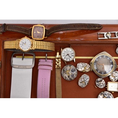 117 - A TRAY OF VARIOUS WRISTWATCHES, MOVEMENTS ANDE PARTS, to include a quantity of ladies and gents wris... 