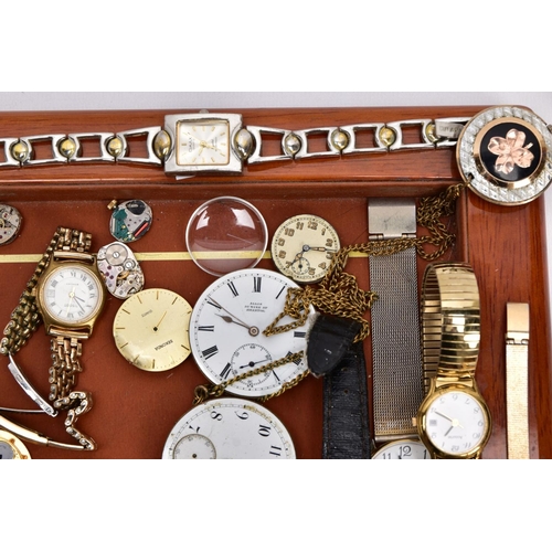 117 - A TRAY OF VARIOUS WRISTWATCHES, MOVEMENTS ANDE PARTS, to include a quantity of ladies and gents wris... 