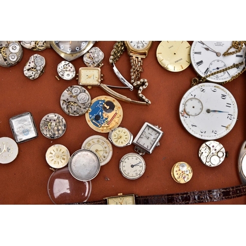 117 - A TRAY OF VARIOUS WRISTWATCHES, MOVEMENTS ANDE PARTS, to include a quantity of ladies and gents wris... 
