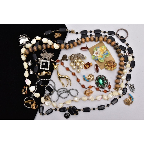 118 - A BOX OF ASSORTED COSTUME JEWELLERY, to include a silver amber line bracelet, set with lozenge shape... 