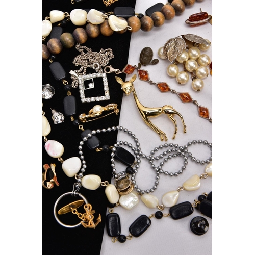 118 - A BOX OF ASSORTED COSTUME JEWELLERY, to include a silver amber line bracelet, set with lozenge shape... 