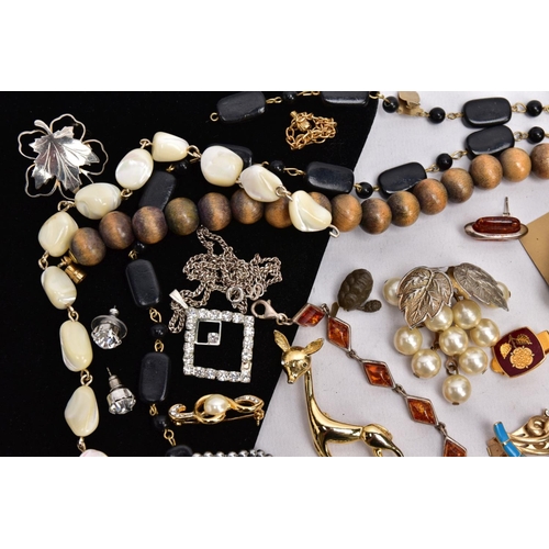 118 - A BOX OF ASSORTED COSTUME JEWELLERY, to include a silver amber line bracelet, set with lozenge shape... 