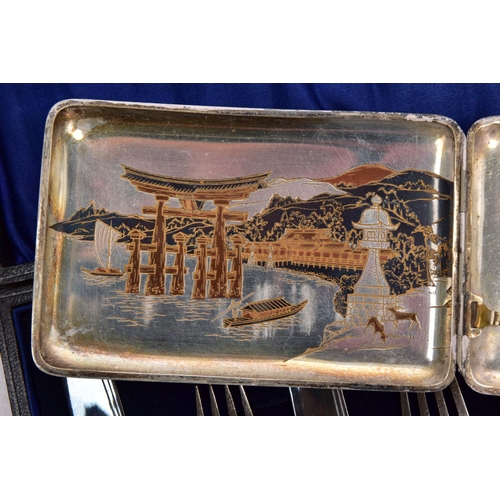 119 - A BOX OF ASSORTED ITEMS, to include a white metal cigarette box with an engraved Oriental scene, ope... 