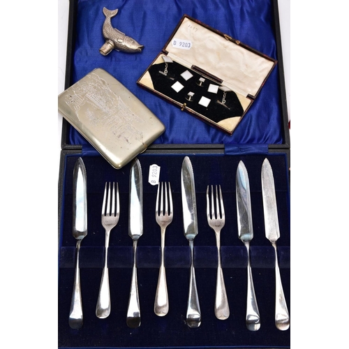 119 - A BOX OF ASSORTED ITEMS, to include a white metal cigarette box with an engraved Oriental scene, ope... 
