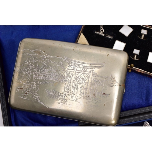 119 - A BOX OF ASSORTED ITEMS, to include a white metal cigarette box with an engraved Oriental scene, ope... 