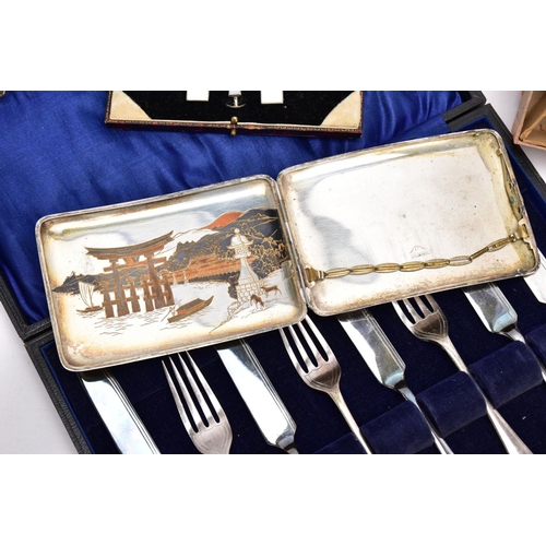 119 - A BOX OF ASSORTED ITEMS, to include a white metal cigarette box with an engraved Oriental scene, ope... 