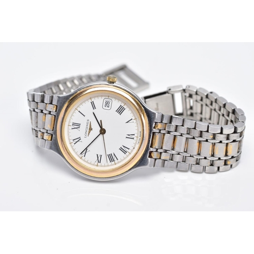 17 - A GENTS 'LONGINES' QUARTZ WRISTWATCH, round white dial signed 'Longines', date window at the three o... 