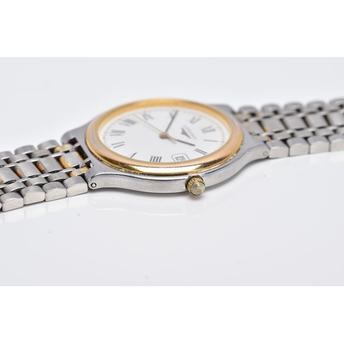 17 - A GENTS 'LONGINES' QUARTZ WRISTWATCH, round white dial signed 'Longines', date window at the three o... 
