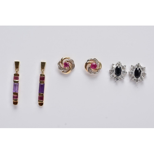 21 - THREE PAIRS OF YELLOW METAL EARRINGS, the first of a rectangular drop design set with rectangular cu... 