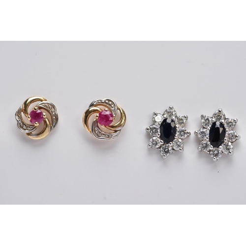 21 - THREE PAIRS OF YELLOW METAL EARRINGS, the first of a rectangular drop design set with rectangular cu... 