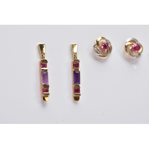 21 - THREE PAIRS OF YELLOW METAL EARRINGS, the first of a rectangular drop design set with rectangular cu... 