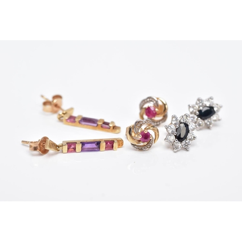 21 - THREE PAIRS OF YELLOW METAL EARRINGS, the first of a rectangular drop design set with rectangular cu... 