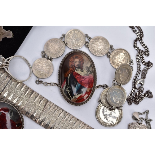 29 - A SELECTION OF SILVER AND WHITE METAL ITEMS, to include a textured silver articulated bracelet, hall... 