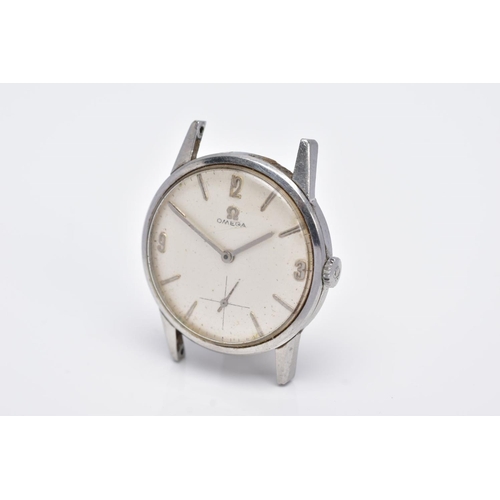 33 - A GENTS 'OMEGA' WRISTWATCH, round silver dial signed 'Omega', Arabic twelve, three and nine baton ma... 