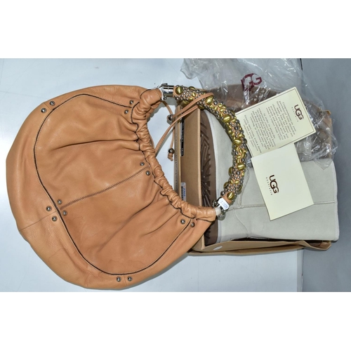 528 - A LADIES LIGHT BROWN LEATHER HANDBAG WITH DECORATIVE HANDLE, together with a boxed pair of ladies pa... 