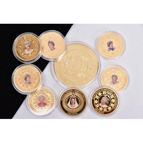 62 - ASSORTED GOLD PLATED COMMEMORATIVE COINS, to include eight 2015 coins, each depicting Queen Elizabet... 