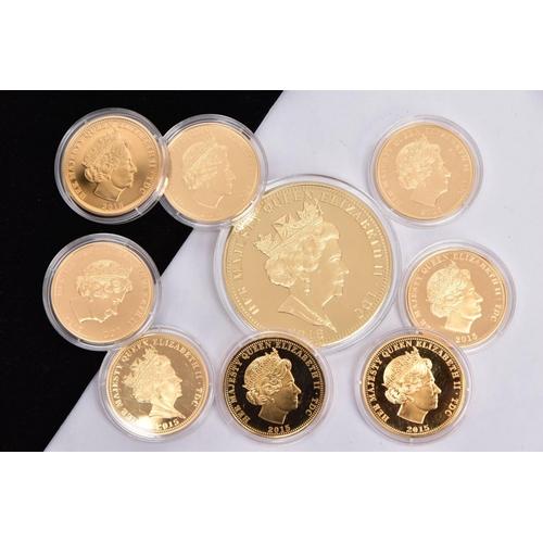 62 - ASSORTED GOLD PLATED COMMEMORATIVE COINS, to include eight 2015 coins, each depicting Queen Elizabet... 