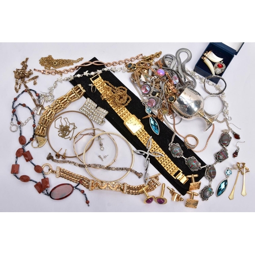 64 - A BAG OF ASSORTED COSTUME JEWELLERY AND ITEMS, a gold plated gate bracelet fitted with a gold plated... 