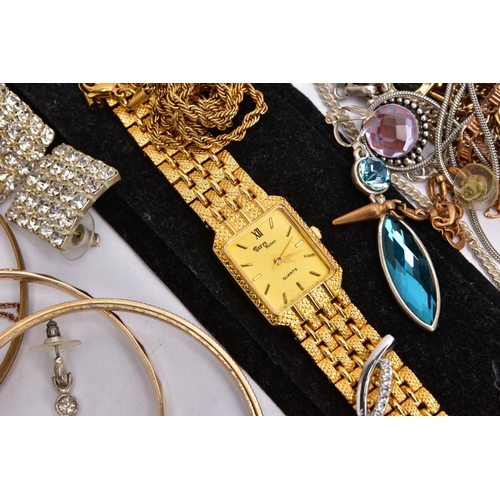64 - A BAG OF ASSORTED COSTUME JEWELLERY AND ITEMS, a gold plated gate bracelet fitted with a gold plated... 