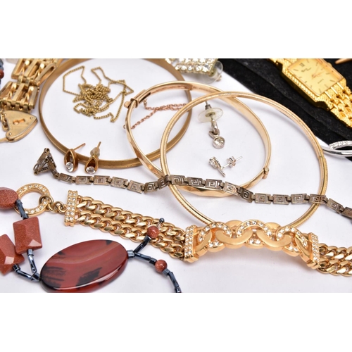 64 - A BAG OF ASSORTED COSTUME JEWELLERY AND ITEMS, a gold plated gate bracelet fitted with a gold plated... 